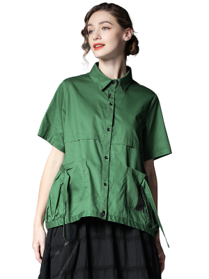 CASUAL SUMMER COLLARED GREEN BLOUSE-2021WFSU101