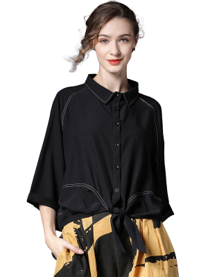 BUTTON-UP BLACK BLOUSE SHORT SLEEVE WITH CONTRAST TRIM-2021WFSU122