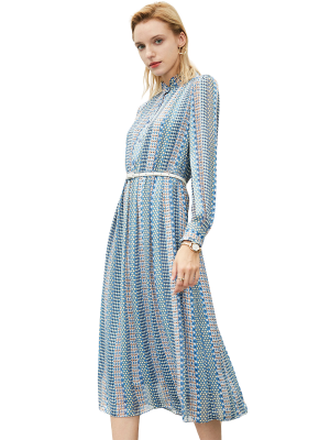 STAND COLLAR PRINTED PATTERN BLUE LONG SLEEVE DRESS-2021OLOPD75