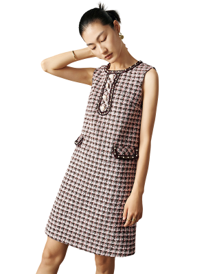 HOUNDSTOOTH ROUND NECK PINK PLAID DRESS-2021OLOPD81
