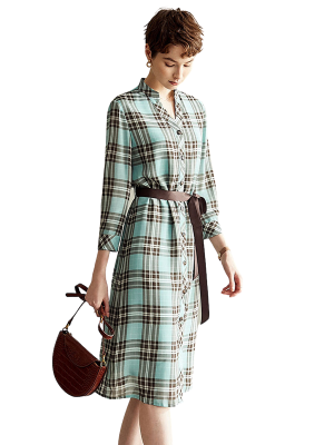 CASUAL STAND COLLAR V-NECK GREEN PLAID DRESS-2021OLOPD127