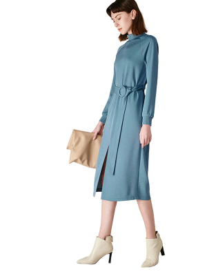KNITTED TURTLENECK MIDI LONG GREEN DRESS WITH SLEEVES-2021OLOPD136