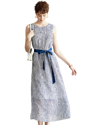LADIES NAVY AND WHITE STRIPED DRESS-2021OLOPD148