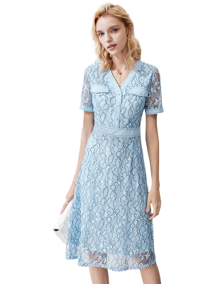 WOMEN'S PRINTED SKY BLUE LACE DRESS WITH CHEST POCKETS-2021OLOPD237