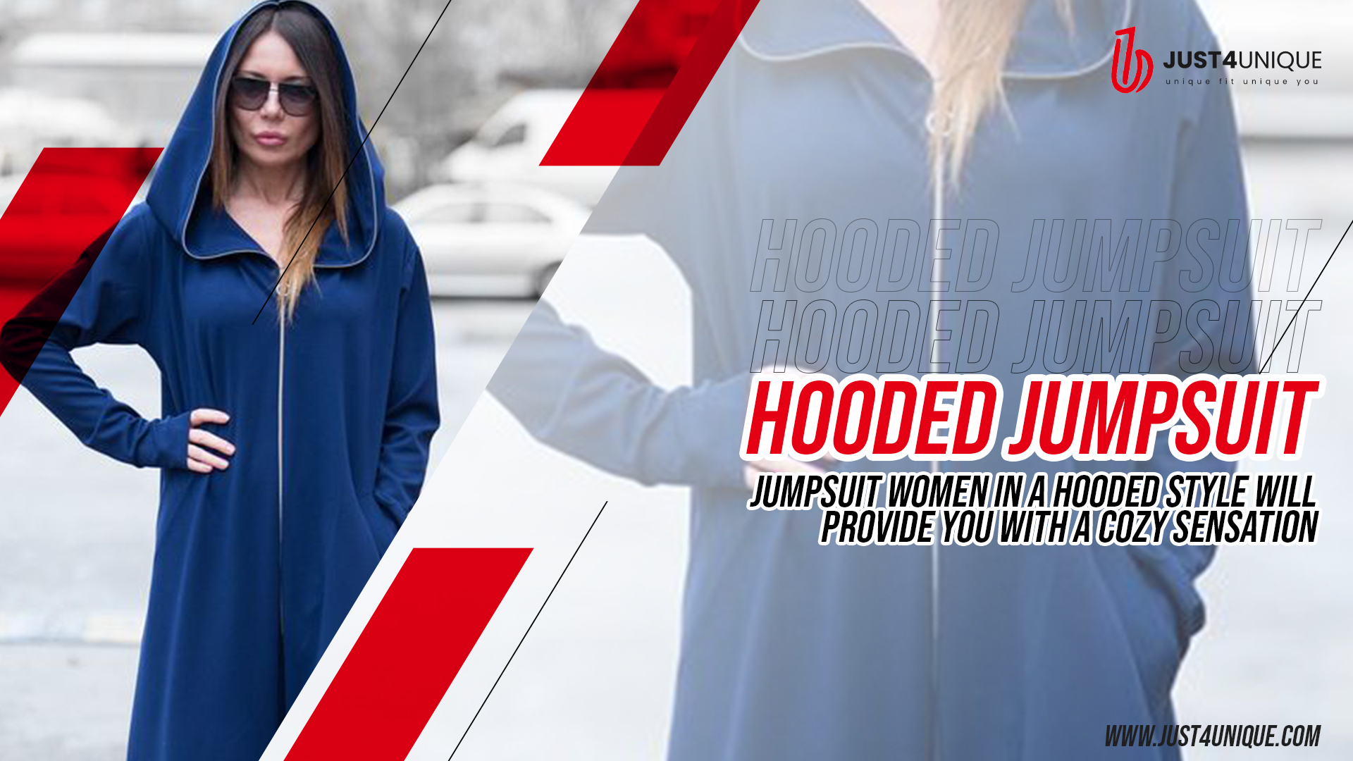 A woman wearing blue hooded zip up jumpsuit