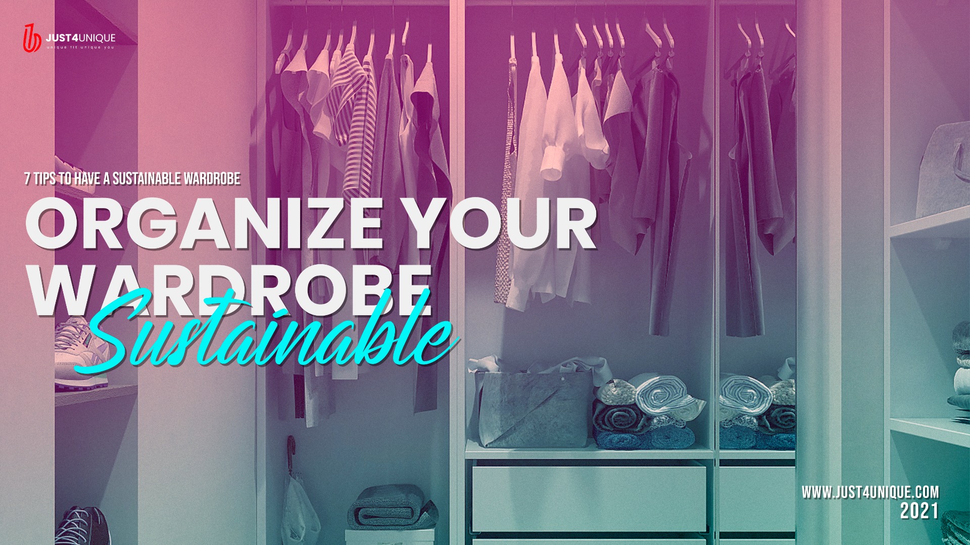 An image of the organized closet with neat hanging clothes, folded clothes, and organized sneakers.