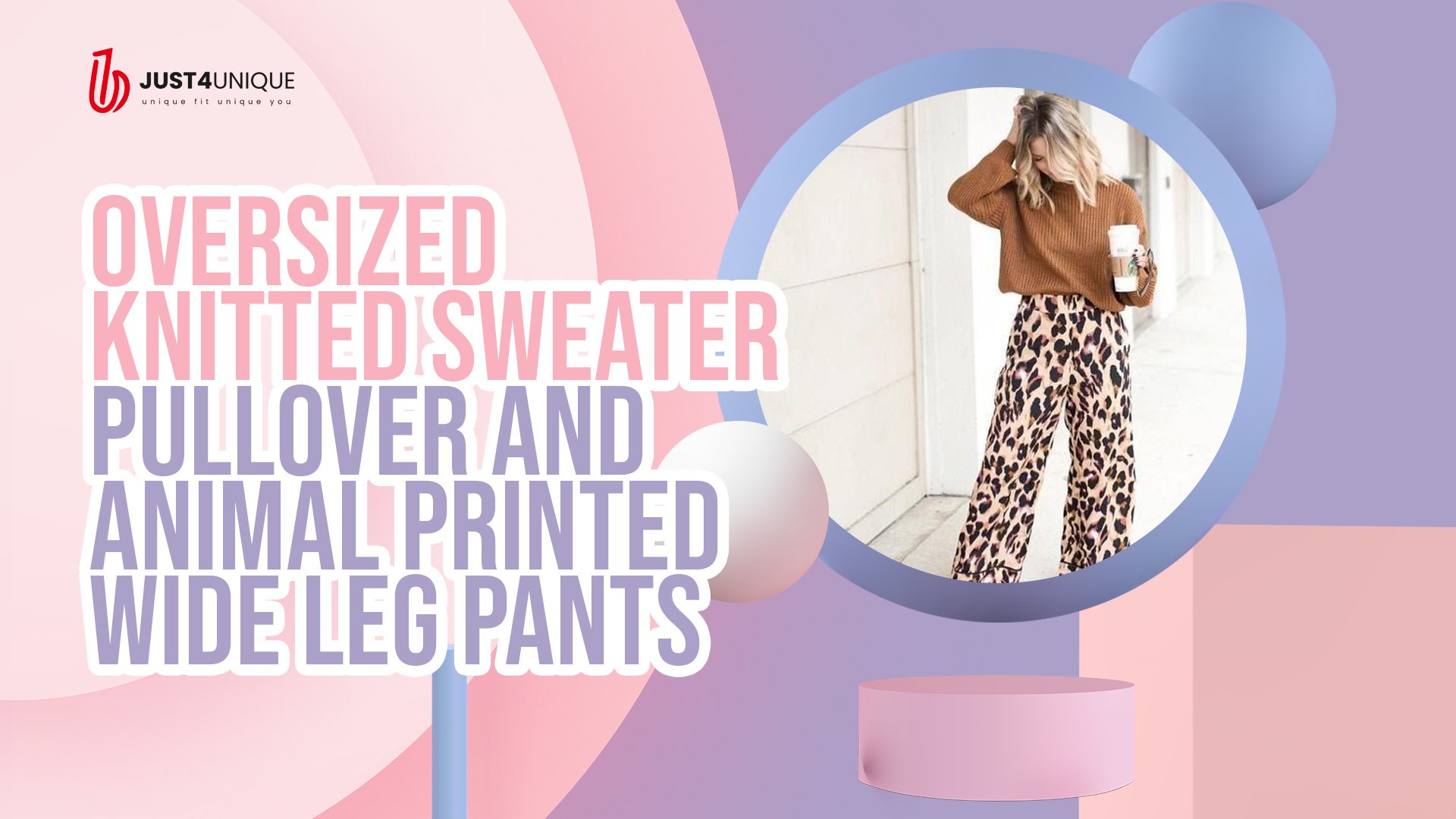 Alternative Text: A blonde woman wearing an oversized knitted sweater pullover and animal printed wide-leg pants.