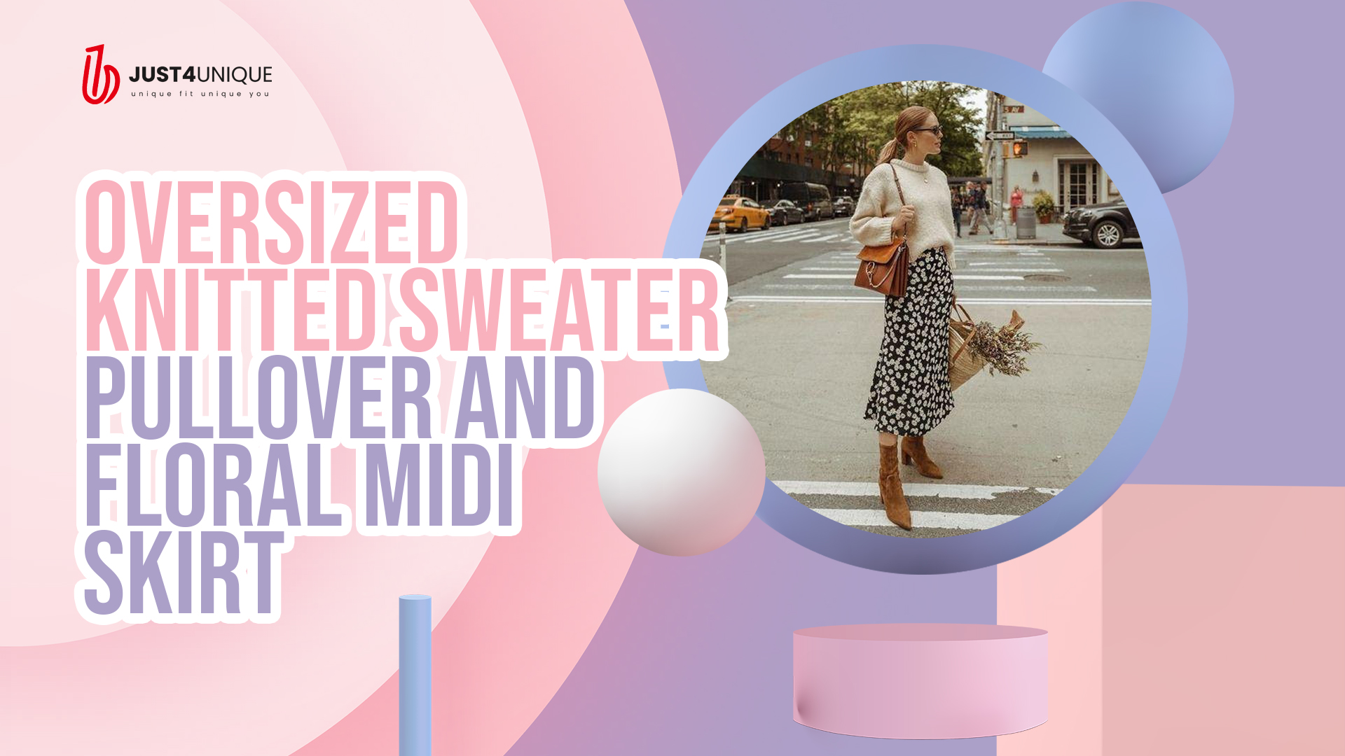 A woman standing beside the pedestrian lane holding her brown shoulder bag wearing an oversized knitted sweater pullover and floral midi skirt.